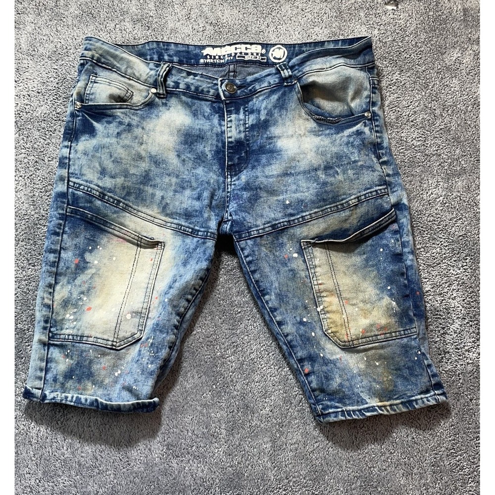 Mecca Shorts Mens 34 Blue Baggy Denim Jort Jean Loose Wide Streetwear Distressed